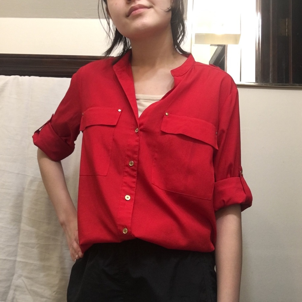 Calvin Klein Red Button Up Long Sleeve Blouse